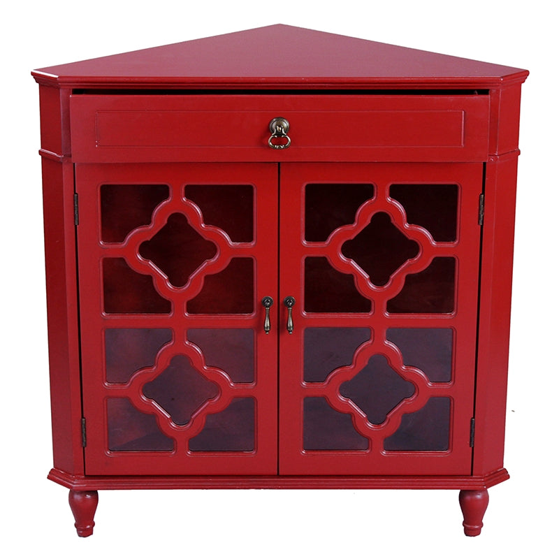 Red MDF Wood Clear Glass Corner Cabinet with a Drawer and  Doors