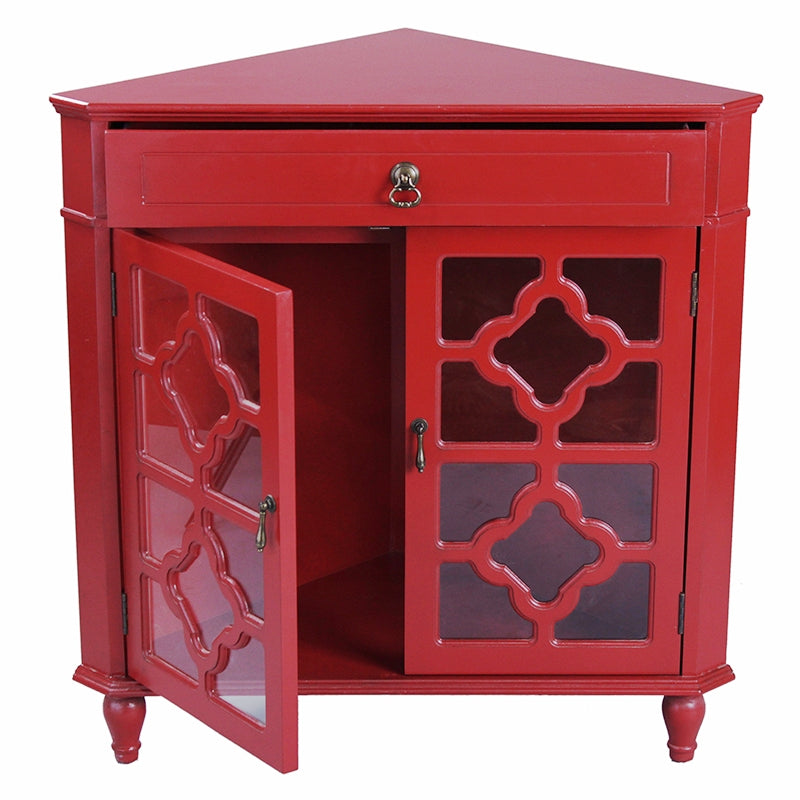 Red MDF Wood Clear Glass Corner Cabinet with a Drawer and  Doors