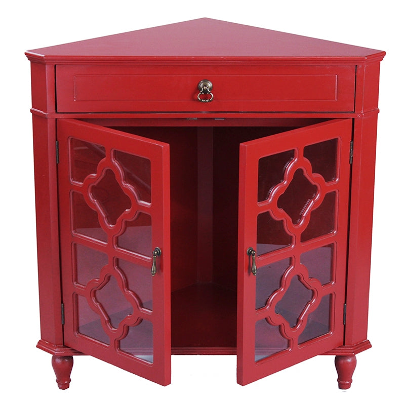 Red MDF Wood Clear Glass Corner Cabinet with a Drawer and  Doors
