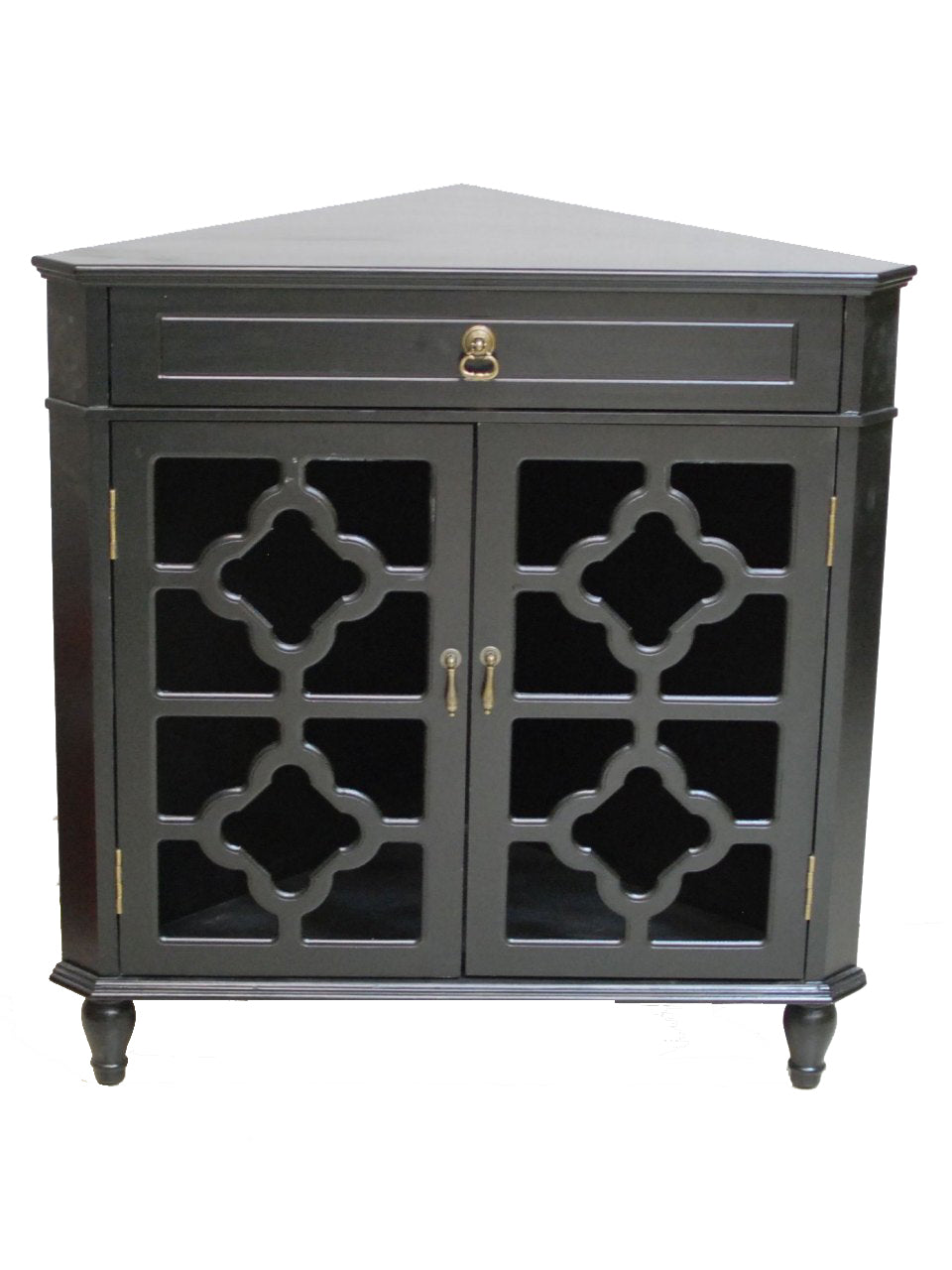 Black MDF Wood Clear Glass Corner Cabinet with a Drawer and  Doors