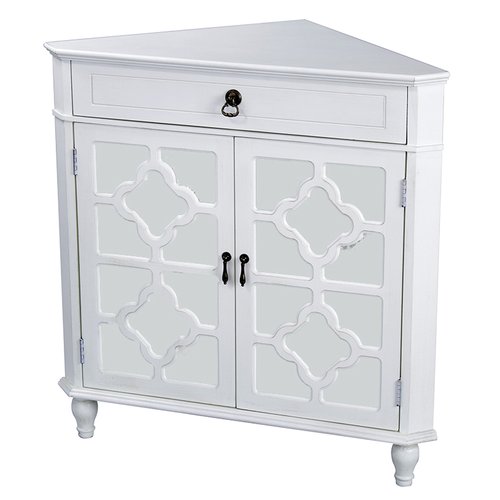 31" X 17" X 32" Antique White MDF  Wood  Mirrored Glass Corner Cabinet with a Drawer and  Doors