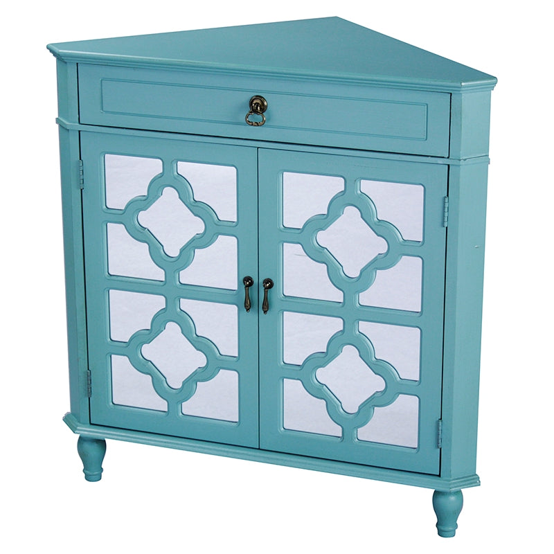 Turquoise MDF Wood Mirrored Glass Corner Cabinet with a Drawer and  Doors