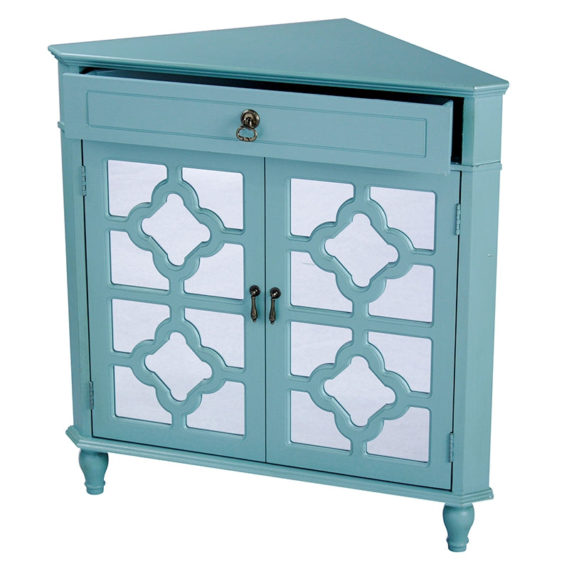 Turquoise MDF Wood Mirrored Glass Corner Cabinet with a Drawer and  Doors