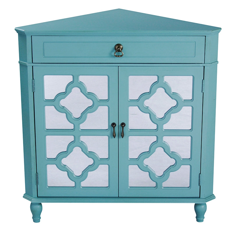 Turquoise MDF Wood Mirrored Glass Corner Cabinet with a Drawer and  Doors