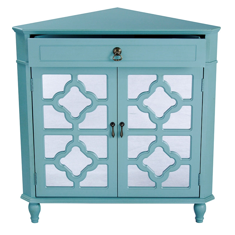 Turquoise MDF Wood Mirrored Glass Corner Cabinet with a Drawer and  Doors