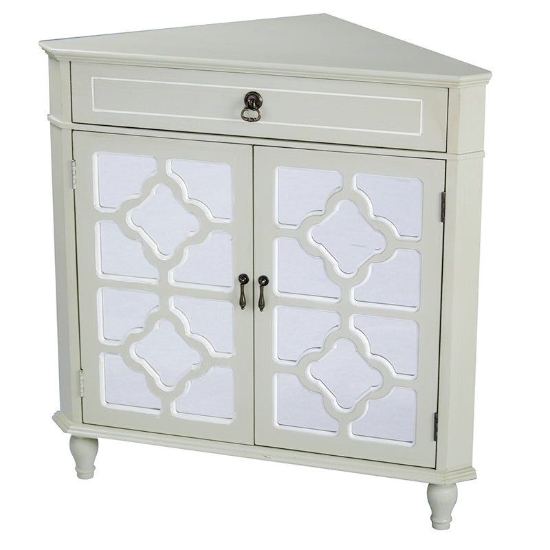 31" X 17" X 32" Beige MDF  Wood  Mirrored Glass Corner Cabinet with a Drawer and  Doors