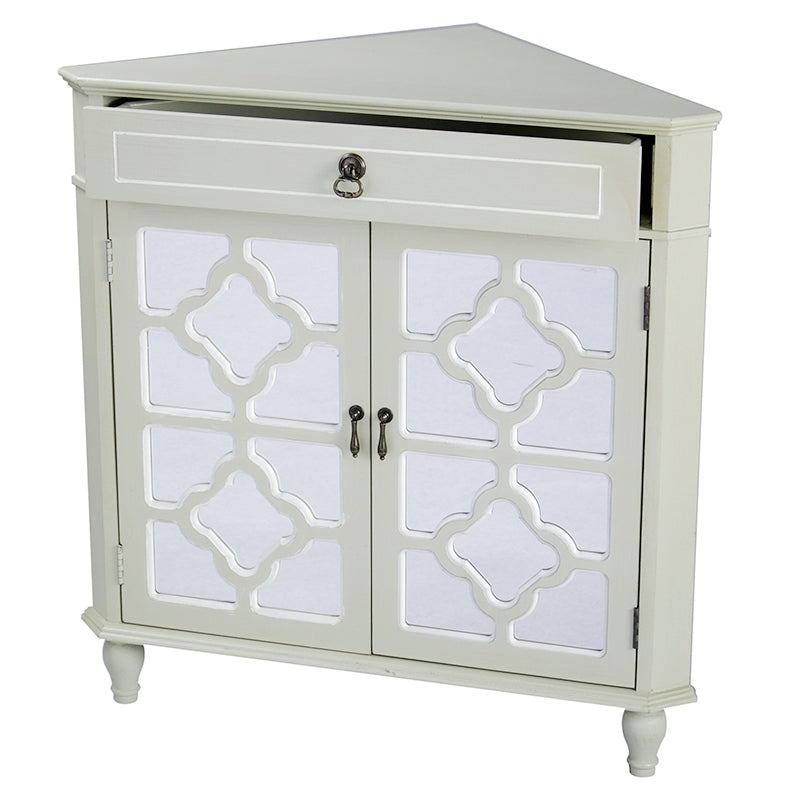 31" X 17" X 32" Beige MDF  Wood  Mirrored Glass Corner Cabinet with a Drawer and  Doors