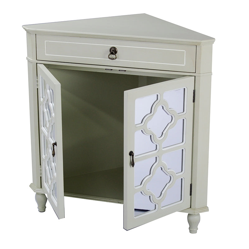 31" X 17" X 32" Beige MDF  Wood  Mirrored Glass Corner Cabinet with a Drawer and  Doors