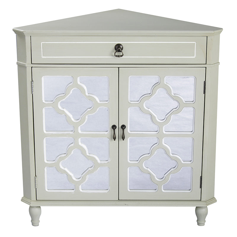 31" X 17" X 32" Beige MDF  Wood  Mirrored Glass Corner Cabinet with a Drawer and  Doors
