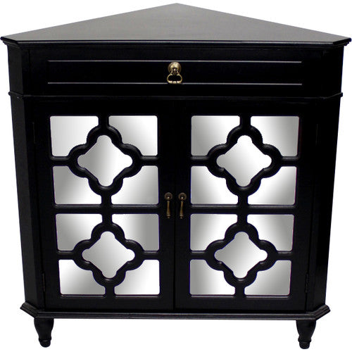 Black MDF Wood Mirrored Glass Corner Cabinet with a Drawer and  Doors