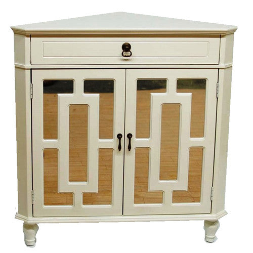 31" X 17" X 32" Antique White MDF  Wood  Mirrored Glass Corner Cabinet with a Drawer and  Doors