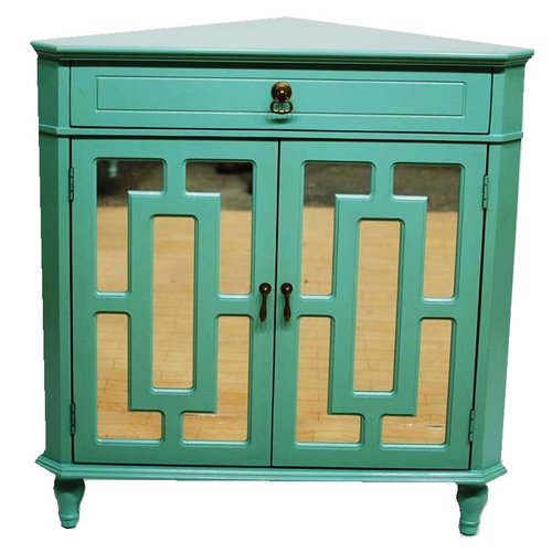 Turquoise MDF Wood Mirrored Glass Corner Cabinet with a Drawer and  Doors