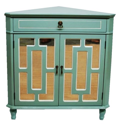 31" X 17" X 32" Light Blue MDF  Wood  Mirrored Glass Corner Cabinet with a Drawer and  Doors