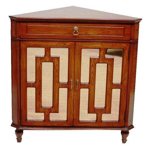Mahogany Veneer MDF Wood Mirrored Glass Corner Cabinet with a Drawer and  Doors