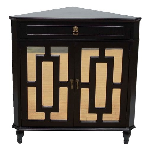 Black MDF Wood Mirrored Glass Corner Cabinet with a Drawer and  Doors