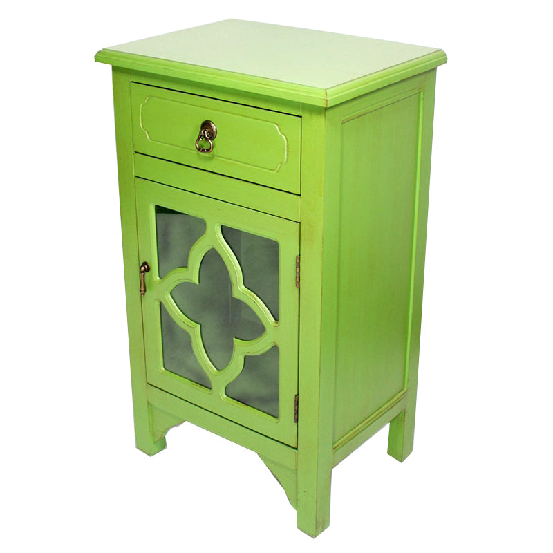 18" X 13" X 30" Green MDF  Wood  Clear Glass Accent Cabinet with a Drawer and  Door and Quatrefoil Inserts
