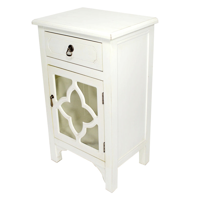 18" X 13" X 30" Antique White MDF  Wood  Clear Glass Cabinet with a Drawer and a Door