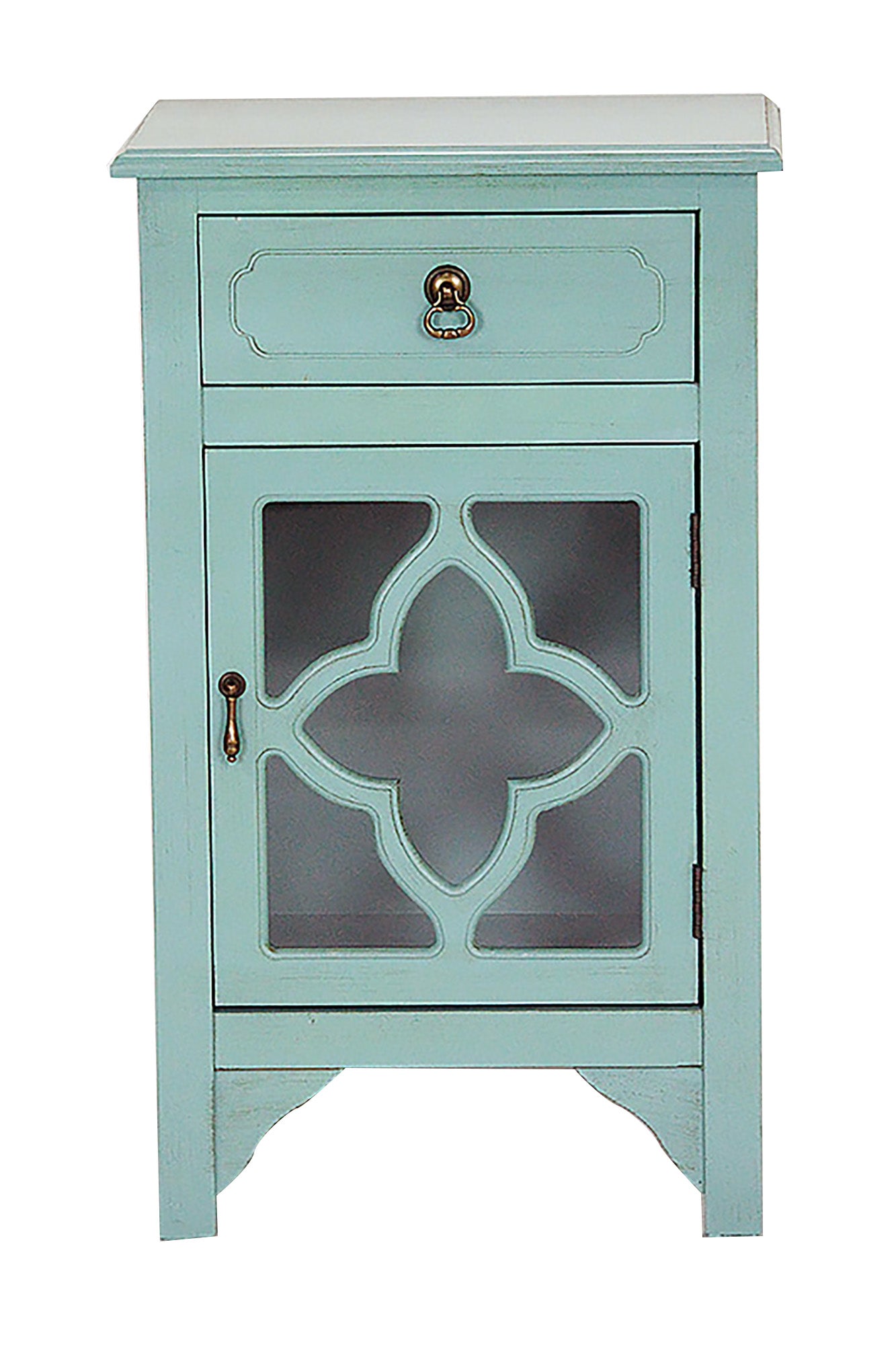 18" X 13" X 30" Turquoise MDF  Wood  Clear Glass Accent Cabinet with a Drawer and  Door and Mirror Inserts