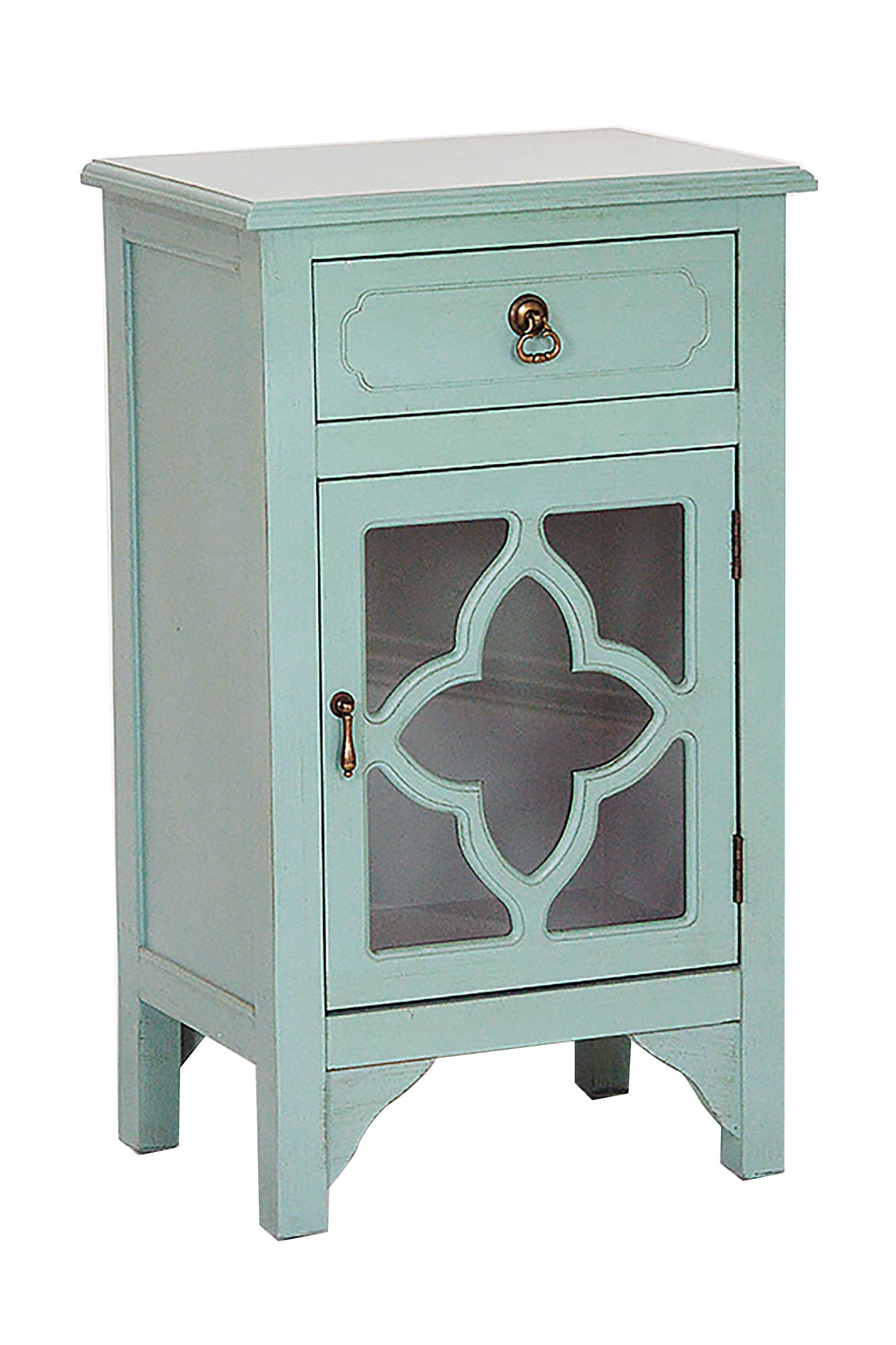 18" X 13" X 30" Turquoise MDF  Wood  Clear Glass Accent Cabinet with a Drawer and  Door and Mirror Inserts