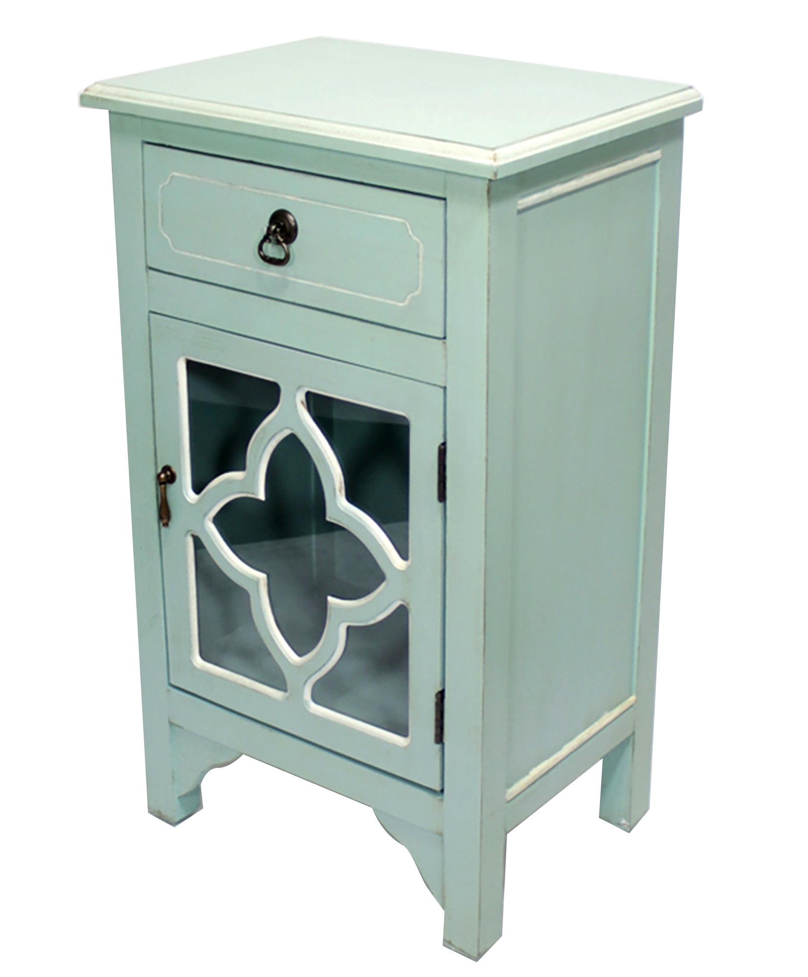 18" X 13" X 30" Light Blue MDF  Wood  Clear Glass Cabinet with a Drawer and a Door