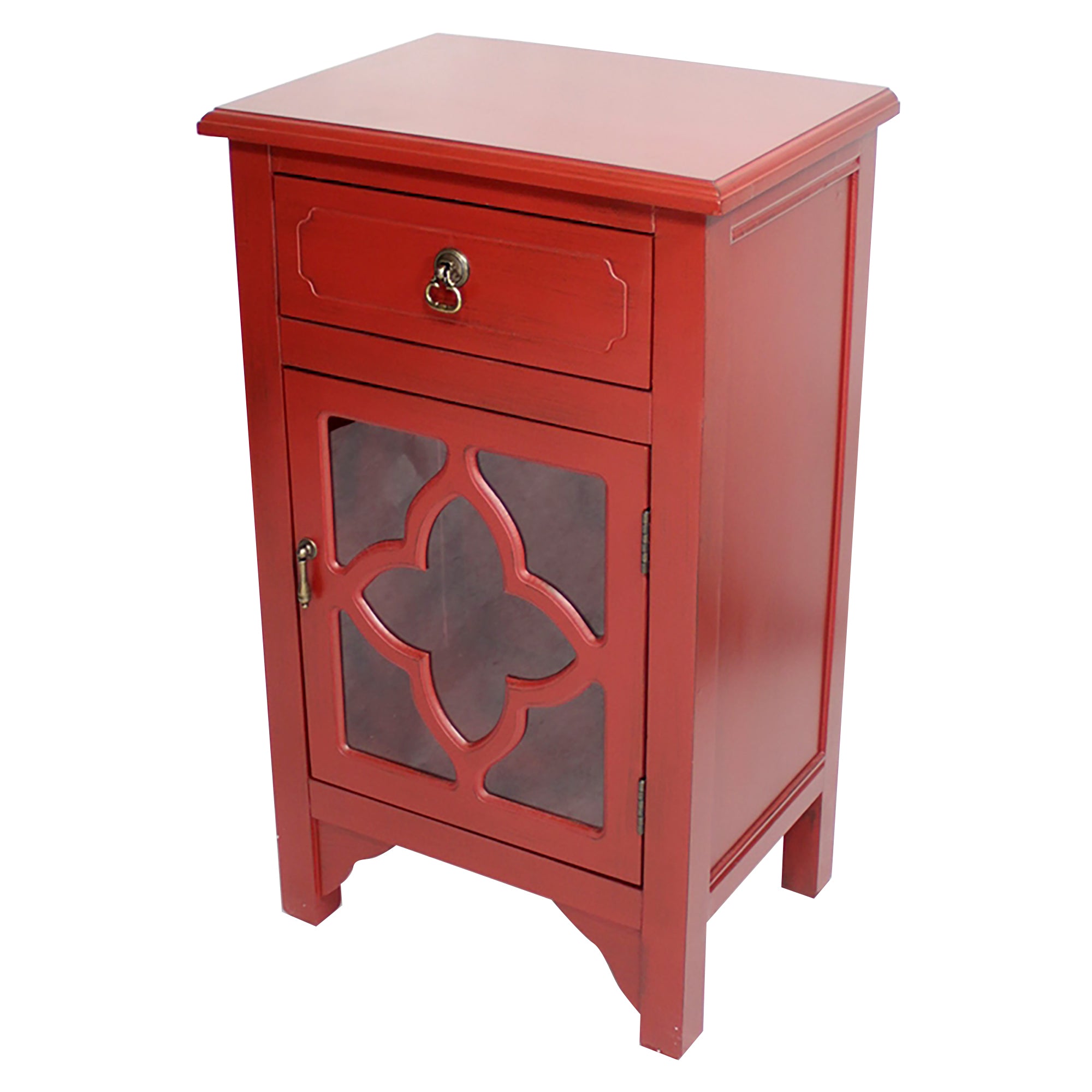 18" X 13" X 30" Red MDF  Wood  Clear Glass Accent Cabinet with a Drawer and  Door and Quatrefoil Inserts