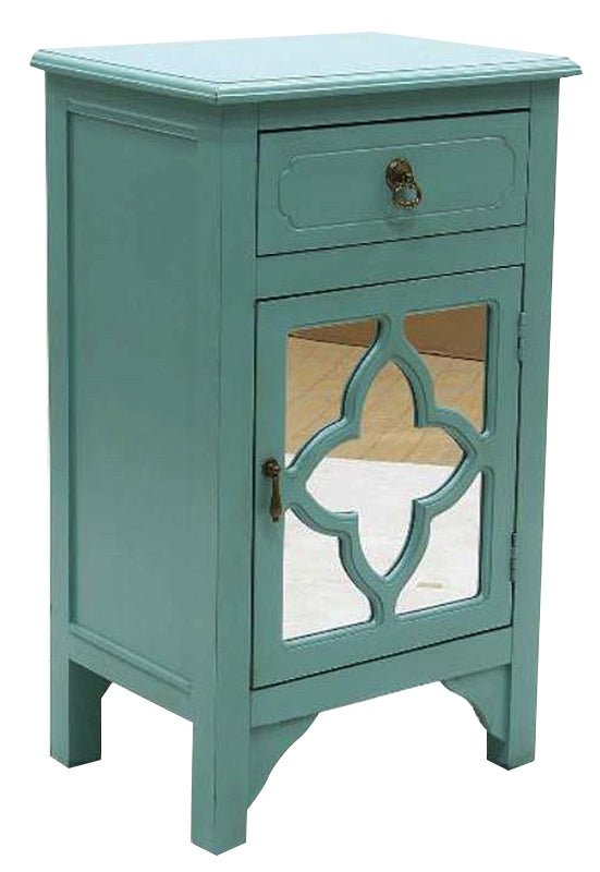 18" X 13" X 30" Turquoise MDF  Wood  Mirrored Glass Cabinet with a Drawer and a Door