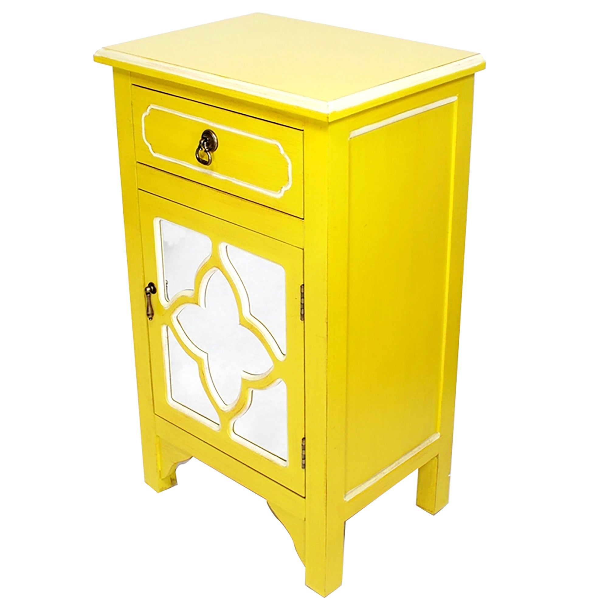 18" X 13" X 30" Yellow MDF  Wood  Mirrored Glass Cabinet with a Drawer and a Door