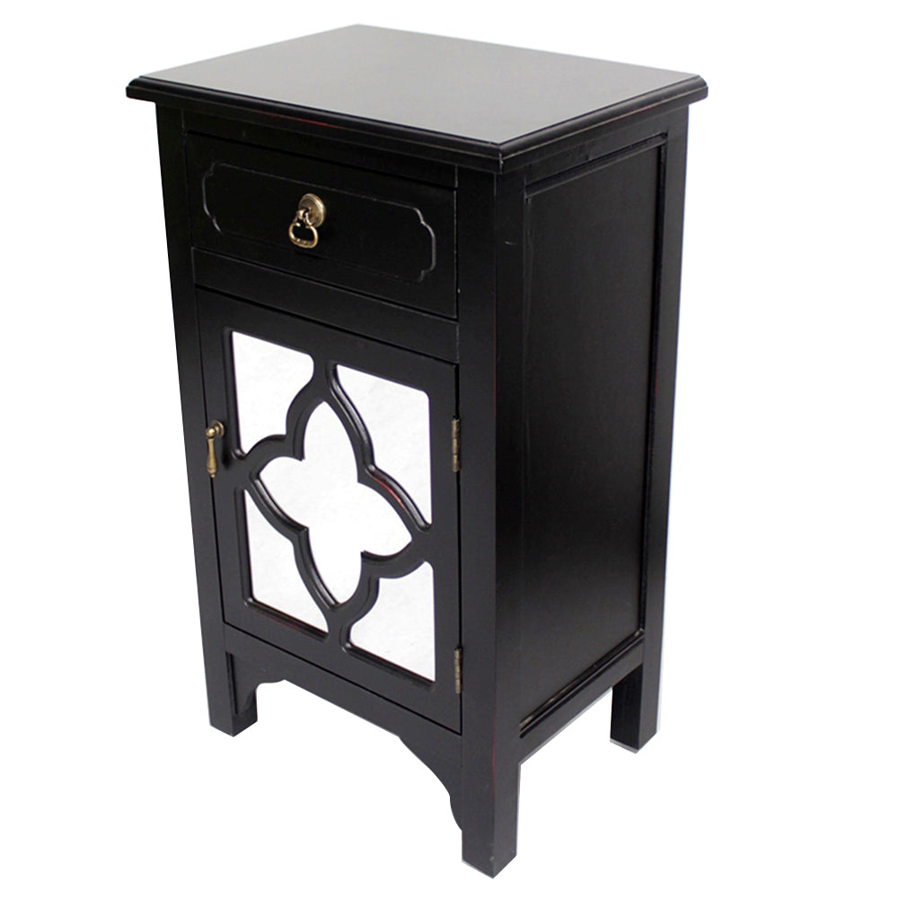 18" X 13" X 30" Black MDF  Wood  Mirrored Glass Cabinet with a Drawer and a Door