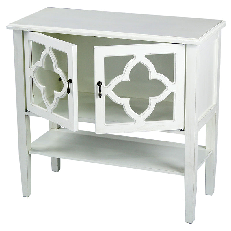 32" X 14" X 30" Antique White MDF  Wood  Clear Glass Console Cabinet with  Doors and a Shelf