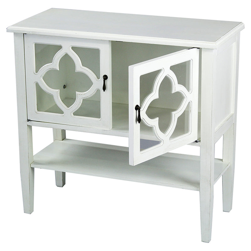 32" X 14" X 30" Antique White MDF  Wood  Clear Glass Console Cabinet with  Doors and a Shelf