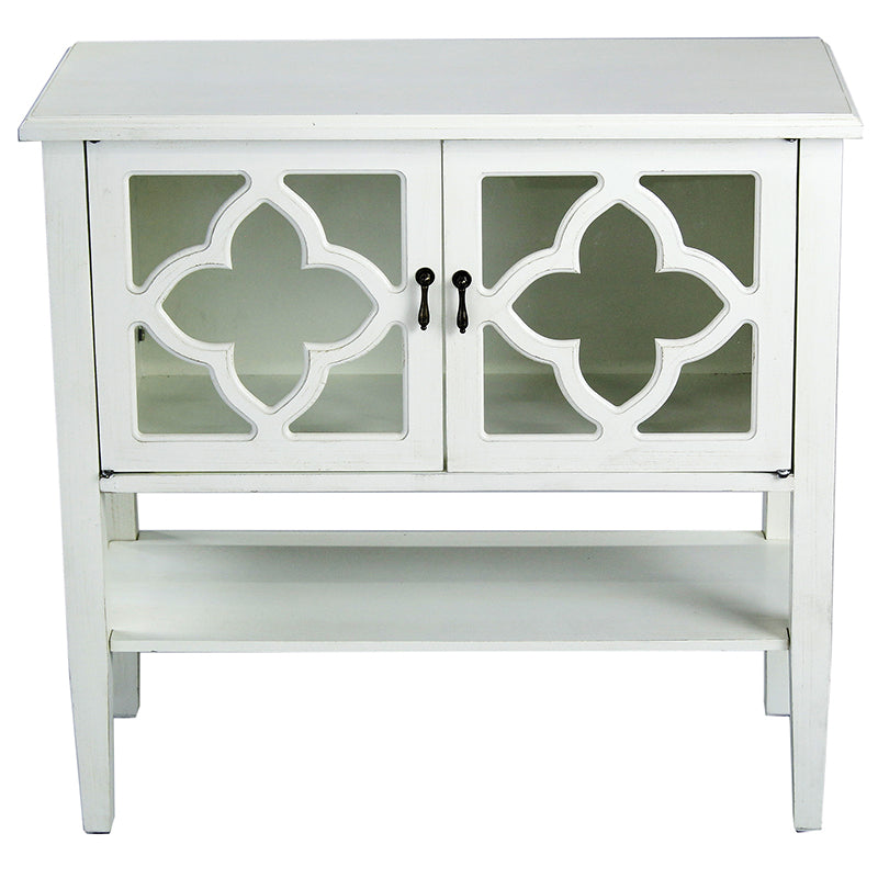 32" X 14" X 30" Antique White MDF  Wood  Clear Glass Console Cabinet with  Doors and a Shelf