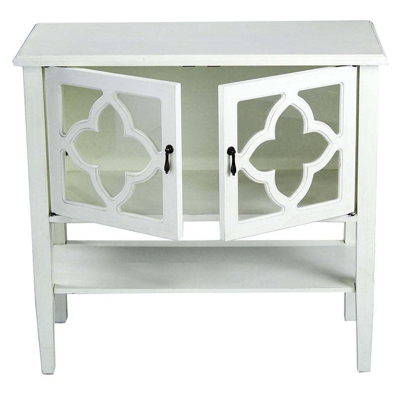 32" X 14" X 30" Antique White MDF  Wood  Clear Glass Console Cabinet with  Doors and a Shelf