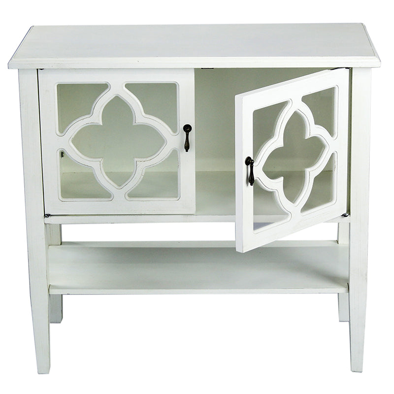 32" X 14" X 30" Antique White MDF  Wood  Clear Glass Console Cabinet with  Doors and a Shelf