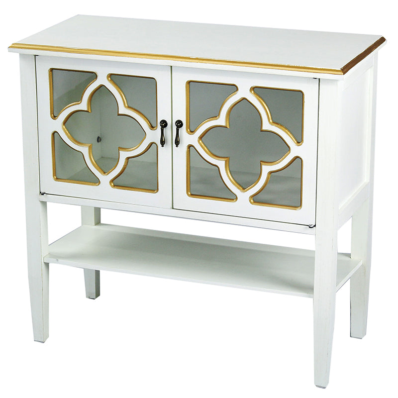 32" X 14" X 30" Antique White W  Gold MDF  Wood  Clear Glass Console Cabinet with  Doors and a Shelf