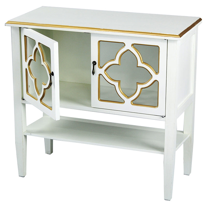 32" X 14" X 30" Antique White W  Gold MDF  Wood  Clear Glass Console Cabinet with  Doors and a Shelf