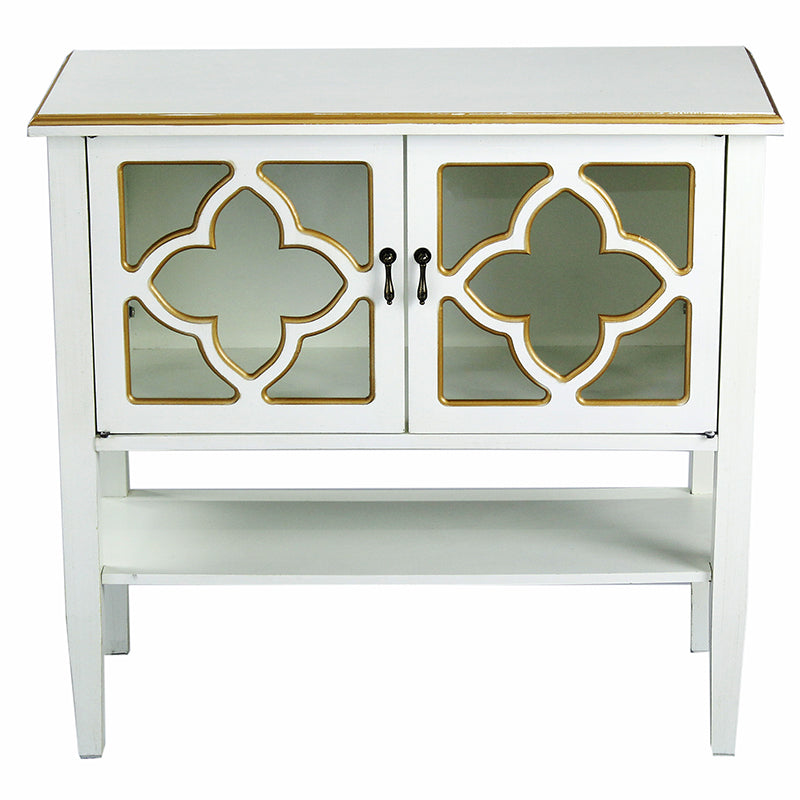 32" X 14" X 30" Antique White W  Gold MDF  Wood  Clear Glass Console Cabinet with  Doors and a Shelf