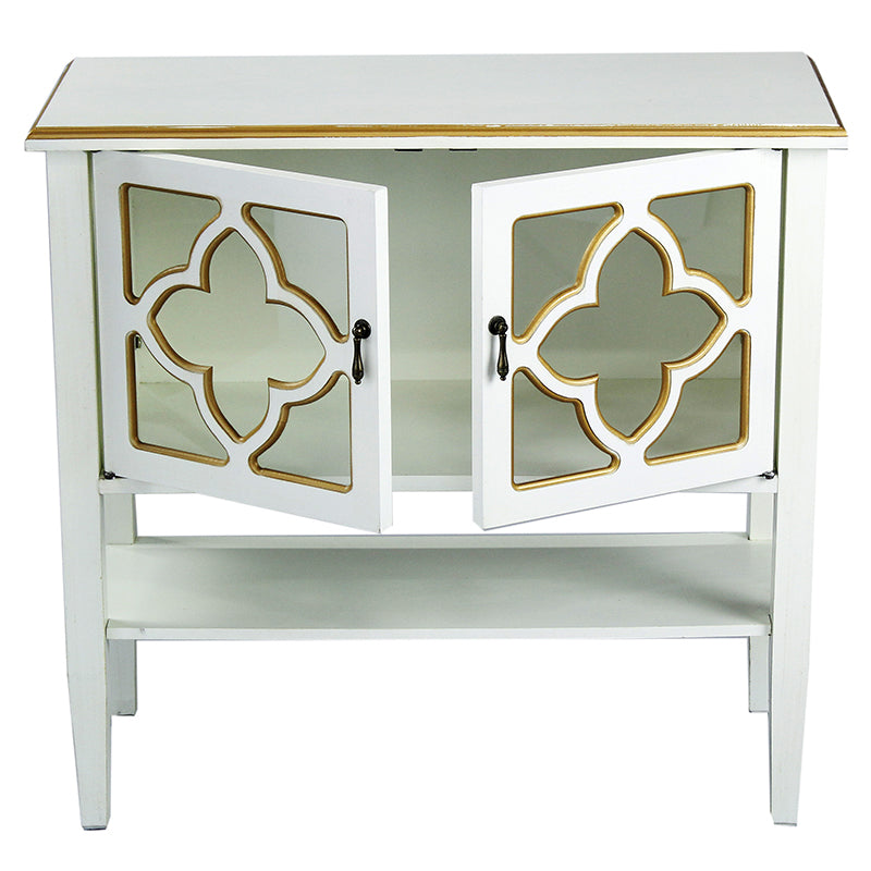 32" X 14" X 30" Antique White W  Gold MDF  Wood  Clear Glass Console Cabinet with  Doors and a Shelf