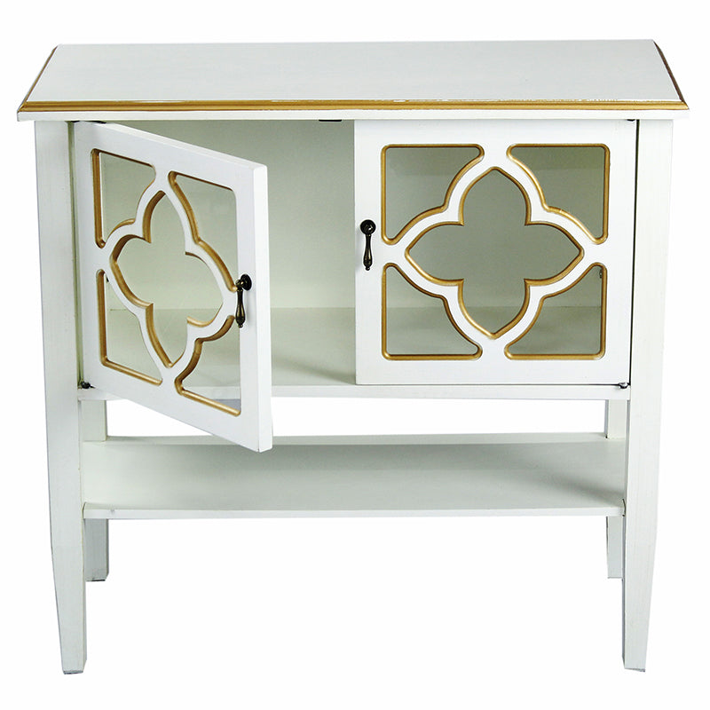 32" X 14" X 30" Antique White W  Gold MDF  Wood  Clear Glass Console Cabinet with  Doors and a Shelf