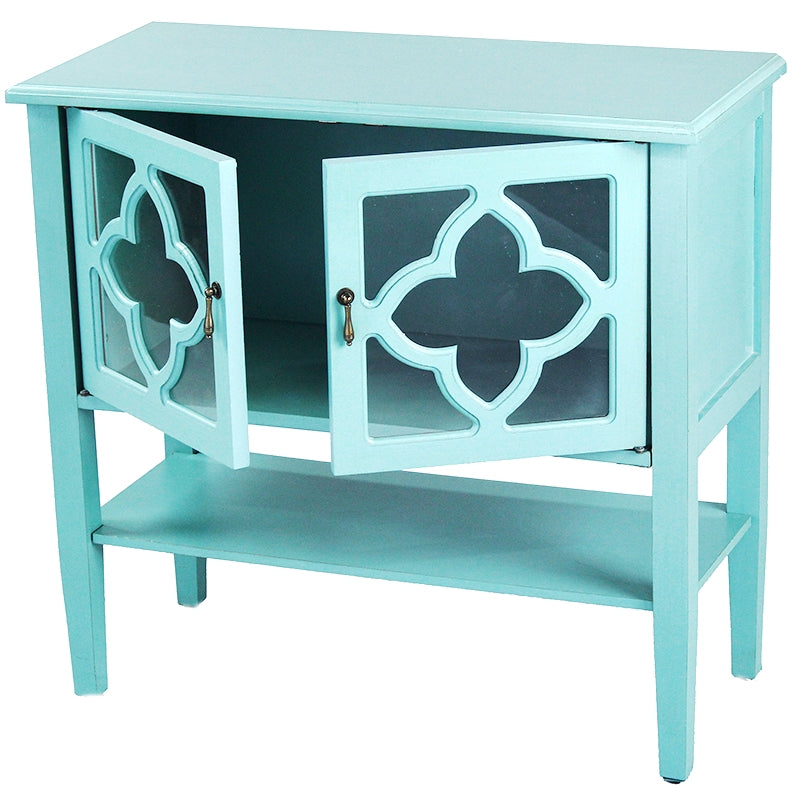 32" X 14" X 30" Turquoise MDF  Wood  Clear Glass Console Cabinet with  Doors and a Shelf