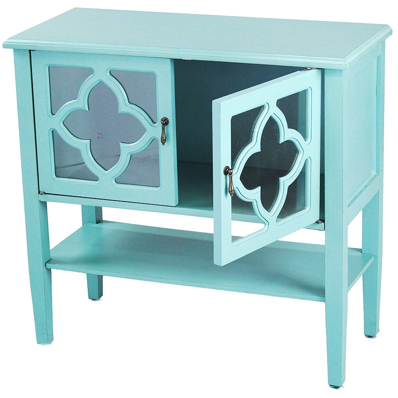 32" X 14" X 30" Turquoise MDF  Wood  Clear Glass Console Cabinet with  Doors and a Shelf