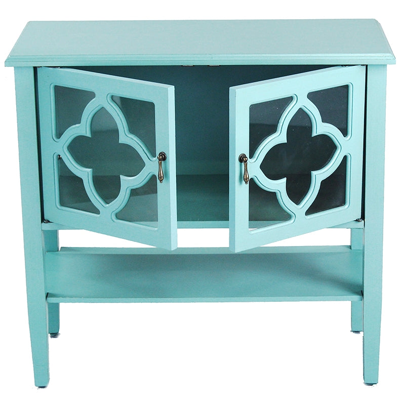 32" X 14" X 30" Turquoise MDF  Wood  Clear Glass Console Cabinet with  Doors and a Shelf