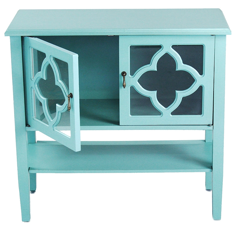 32" X 14" X 30" Turquoise MDF  Wood  Clear Glass Console Cabinet with  Doors and a Shelf