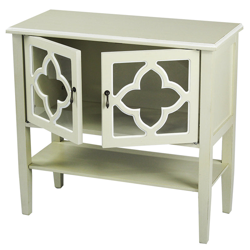 32" X 14" X 30" Beige MDF  Wood  Clear Glass Console Cabinet with  Doors and a Shelf