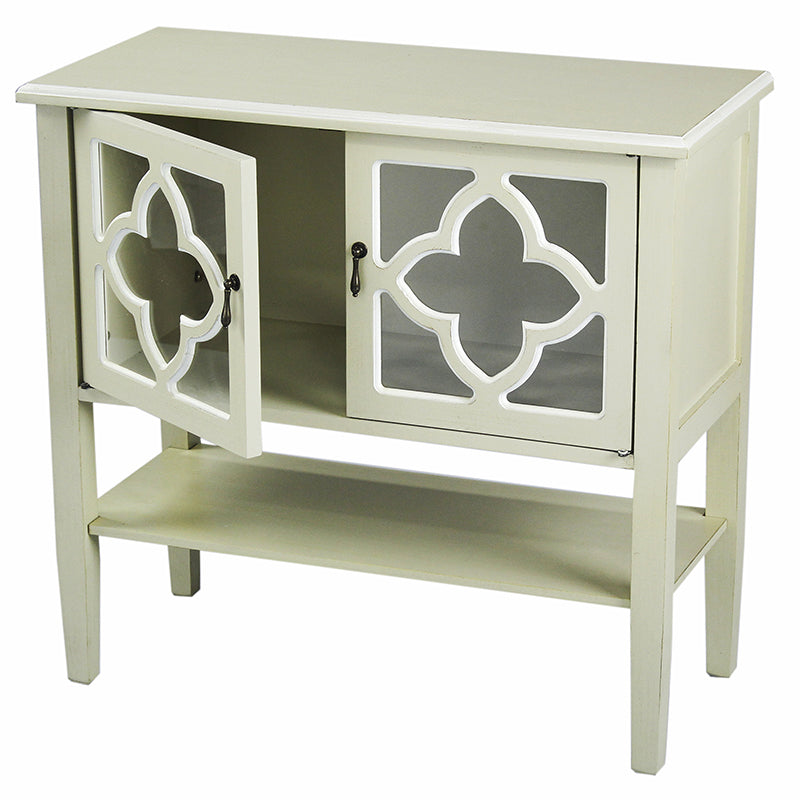32" X 14" X 30" Beige MDF  Wood  Clear Glass Console Cabinet with  Doors and a Shelf