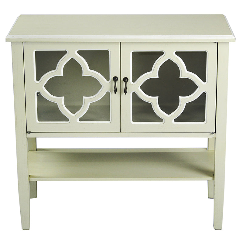 32" X 14" X 30" Beige MDF  Wood  Clear Glass Console Cabinet with  Doors and a Shelf