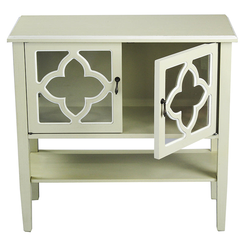 32" X 14" X 30" Beige MDF  Wood  Clear Glass Console Cabinet with  Doors and a Shelf