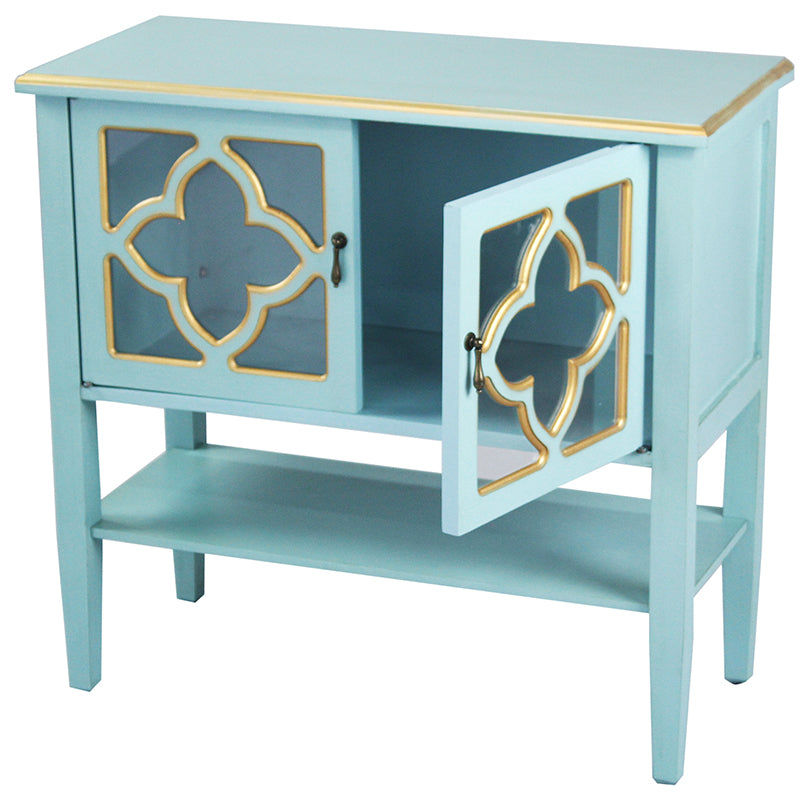 32" X 14" X 30" Light Blue W  Gold MDF  Wood  Clear Glass Console Cabinet with  Doors and a Shelf