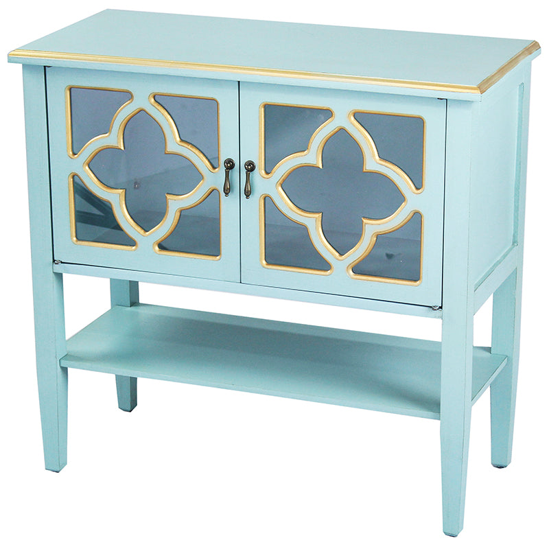 32" X 14" X 30" Light Blue W  Gold MDF  Wood  Clear Glass Console Cabinet with  Doors and a Shelf