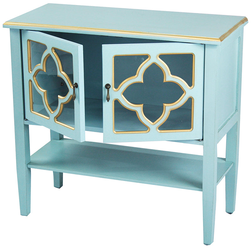 32" X 14" X 30" Light Blue W  Gold MDF  Wood  Clear Glass Console Cabinet with  Doors and a Shelf