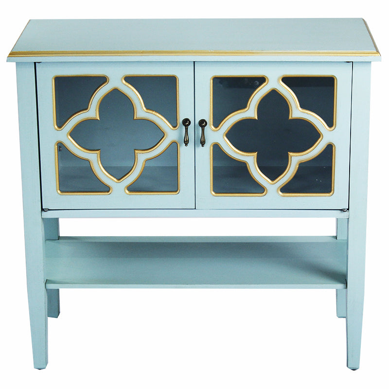 32" X 14" X 30" Light Blue W  Gold MDF  Wood  Clear Glass Console Cabinet with  Doors and a Shelf